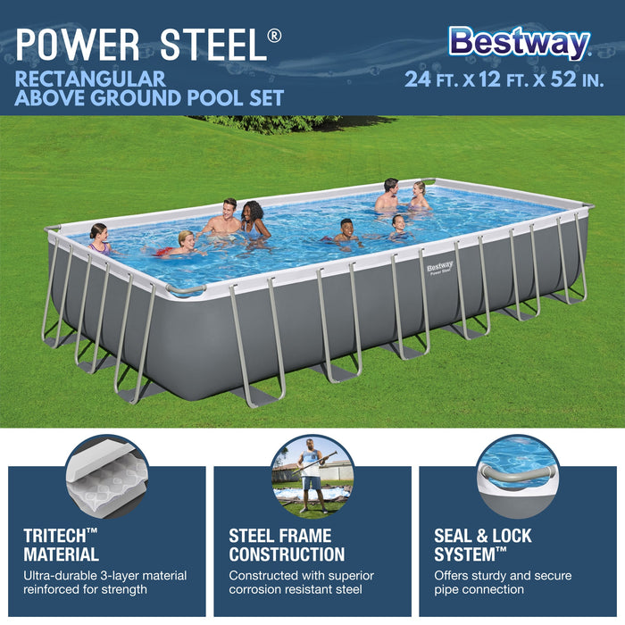 Bestway 24ft x 12ft x 52in Rectangular Frame Family Swimming Pool & Test Kit