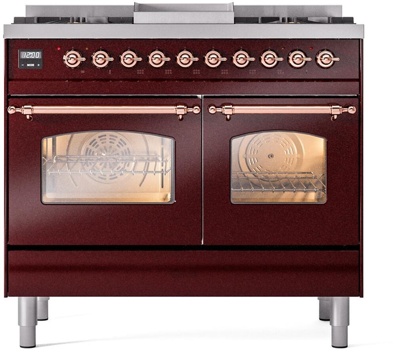 ILVE Nostalgie II 40" Dual Fuel Natural Gas Range in Burgundy with Copper Trim, UPD40FNMPBUP