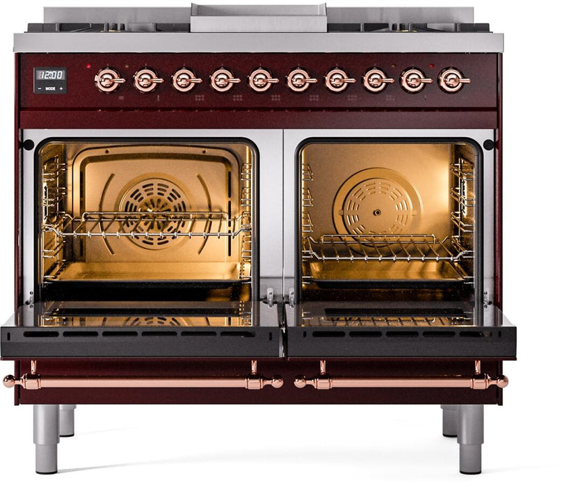 ILVE Nostalgie II 40" Dual Fuel Natural Gas Range in Burgundy with Copper Trim, UPD40FNMPBUP