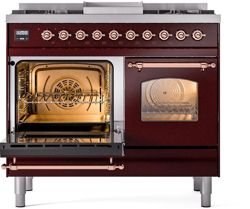 ILVE Nostalgie II 40" Dual Fuel Natural Gas Range in Burgundy with Copper Trim, UPD40FNMPBUP
