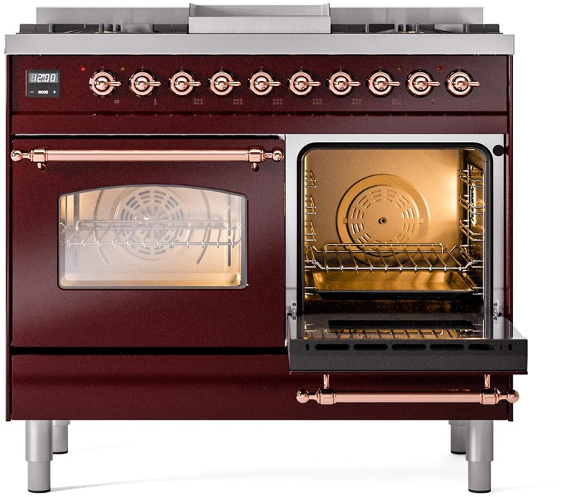 ILVE Nostalgie II 40" Dual Fuel Natural Gas Range in Burgundy with Copper Trim, UPD40FNMPBUP