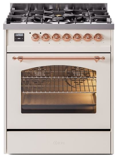 ILVE Nostalgie II 30" Dual Fuel Natural Gas Range in Antique White with Copper Trim, UP30NMPAWP