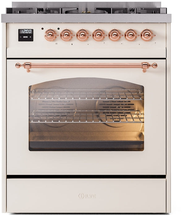 ILVE Nostalgie II 30" Dual Fuel Natural Gas Range in Antique White with Copper Trim, UP30NMPAWP