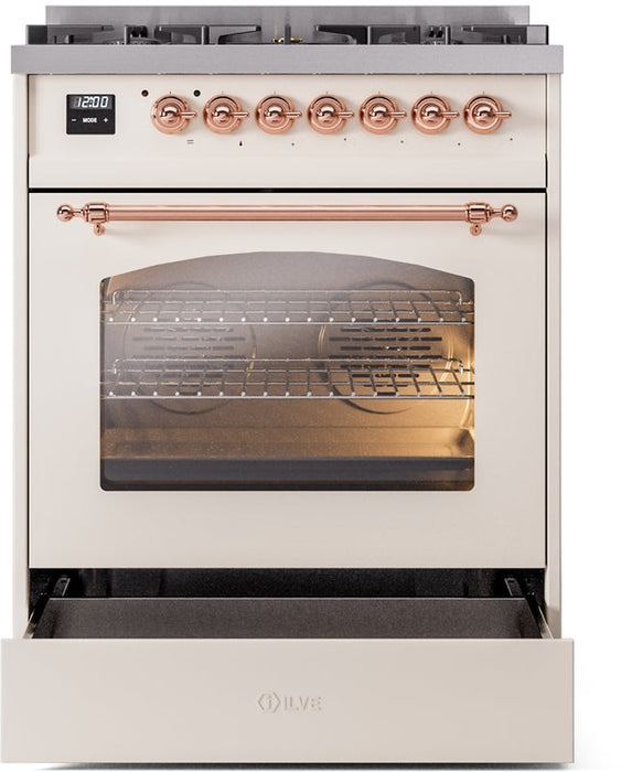 ILVE Nostalgie II 30" Dual Fuel Natural Gas Range in Antique White with Copper Trim, UP30NMPAWP