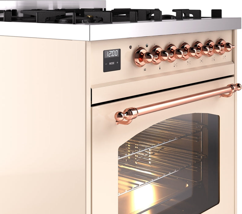 ILVE Nostalgie II 30" Dual Fuel Natural Gas Range in Antique White with Copper Trim, UP30NMPAWP