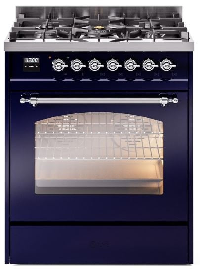 ILVE Nostalgie II 30" Dual Fuel Natural Gas Range in Blue with Chrome Trim, UP30NMPMBC