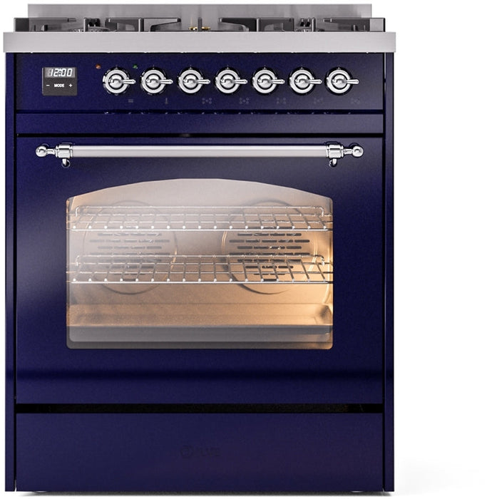 ILVE Nostalgie II 30" Dual Fuel Natural Gas Range in Blue with Chrome Trim, UP30NMPMBC