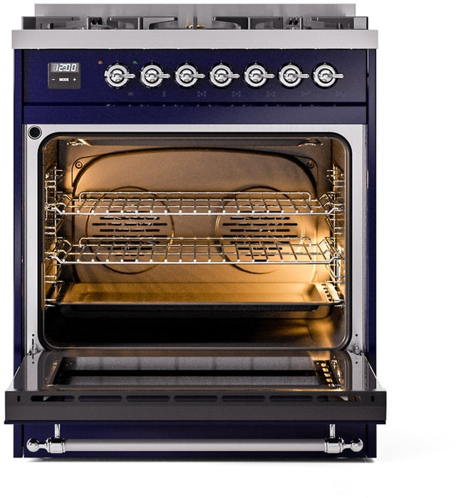 ILVE Nostalgie II 30" Dual Fuel Natural Gas Range in Blue with Chrome Trim, UP30NMPMBC