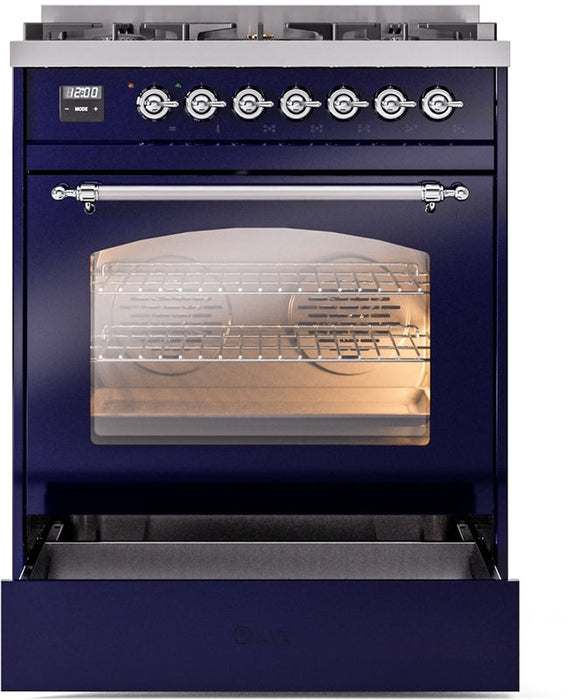 ILVE Nostalgie II 30" Dual Fuel Natural Gas Range in Blue with Chrome Trim, UP30NMPMBC