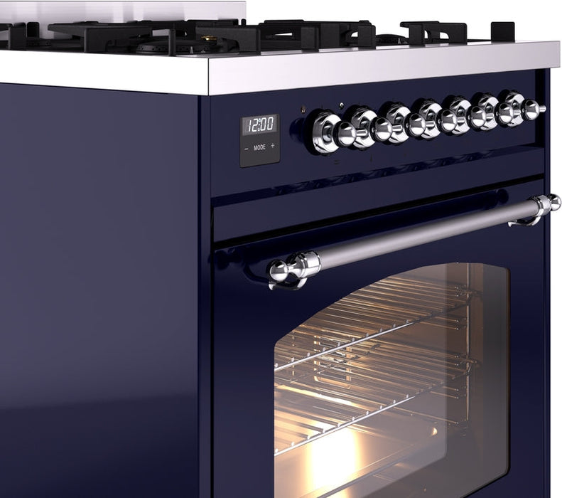 ILVE Nostalgie II 30" Dual Fuel Natural Gas Range in Blue with Chrome Trim, UP30NMPMBC