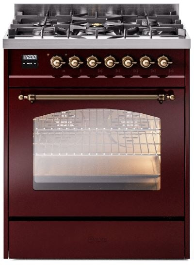 ILVE Nostalgie II 30" Dual Fuel Natural Gas Range in Burgundy with Bronze Trim, UP30NMPBUB