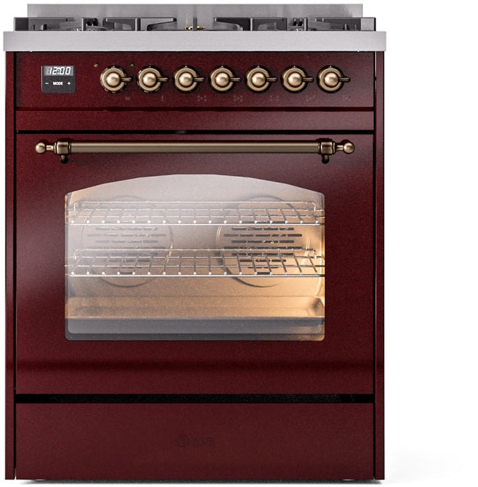 ILVE Nostalgie II 30" Dual Fuel Natural Gas Range in Burgundy with Bronze Trim, UP30NMPBUB