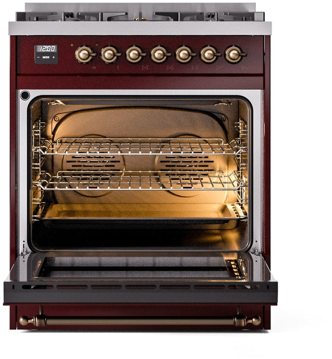 ILVE Nostalgie II 30" Dual Fuel Natural Gas Range in Burgundy with Bronze Trim, UP30NMPBUB