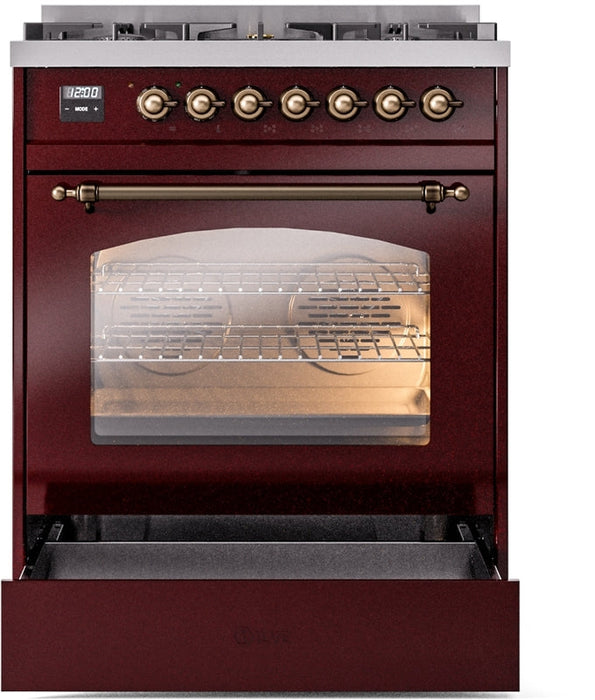 ILVE Nostalgie II 30" Dual Fuel Natural Gas Range in Burgundy with Bronze Trim, UP30NMPBUB