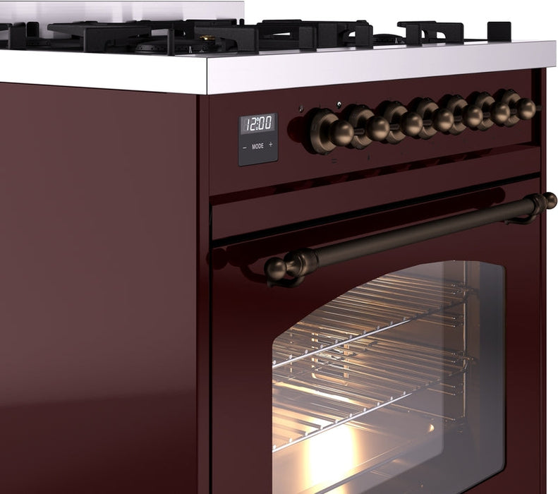 ILVE Nostalgie II 30" Dual Fuel Natural Gas Range in Burgundy with Bronze Trim, UP30NMPBUB