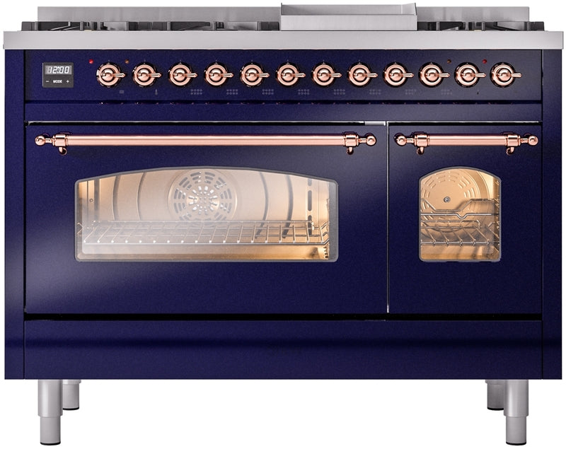 ILVE Nostalgie II 48" Dual Fuel Natural Gas Range in Blue with Copper Trim, UP48FNMPMBP