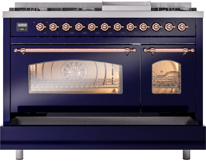 ILVE Nostalgie II 48" Dual Fuel Natural Gas Range in Blue with Copper Trim, UP48FNMPMBP