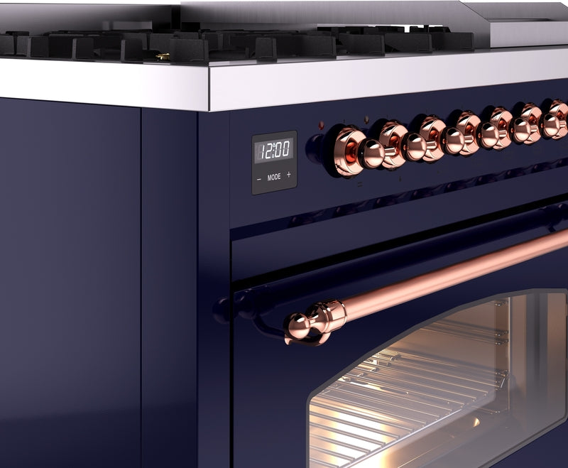 ILVE Nostalgie II 48" Dual Fuel Natural Gas Range in Blue with Copper Trim, UP48FNMPMBP