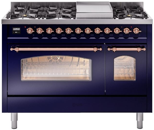 ILVE Nostalgie II 48" Dual Fuel Natural Gas Range in Blue with Copper Trim, UP48FNMPMBP