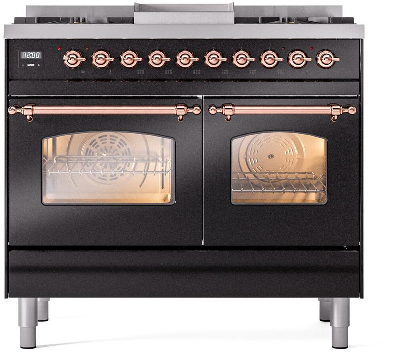 ILVE Nostalgie II 40" Dual Fuel Propane Gas Range in Black with Copper Trim, UPD40FNMPBKPLP