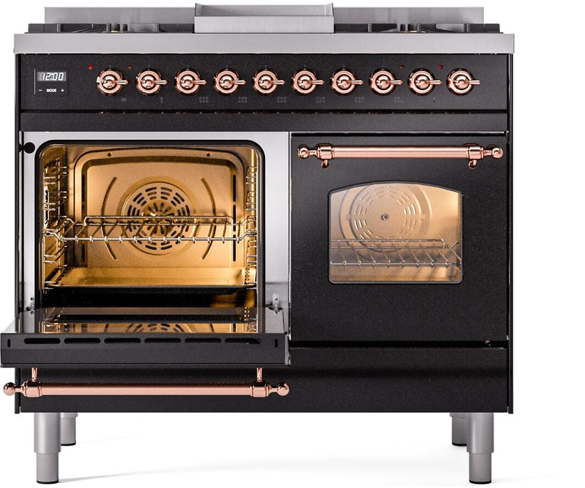 ILVE Nostalgie II 40" Dual Fuel Propane Gas Range in Black with Copper Trim, UPD40FNMPBKPLP