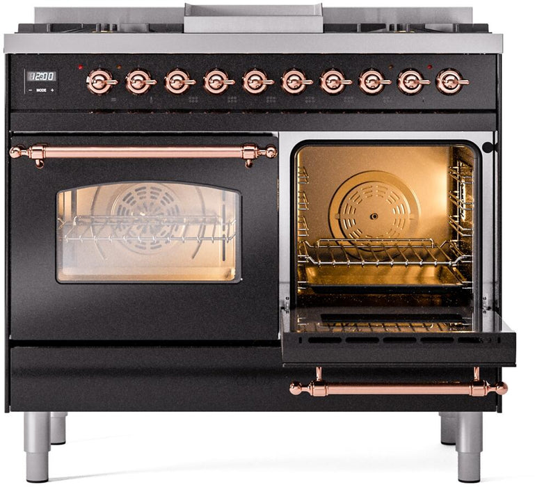 ILVE Nostalgie II 40" Dual Fuel Propane Gas Range in Black with Copper Trim, UPD40FNMPBKPLP