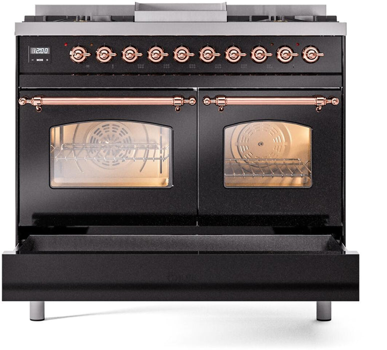 ILVE Nostalgie II 40" Dual Fuel Propane Gas Range in Black with Copper Trim, UPD40FNMPBKPLP