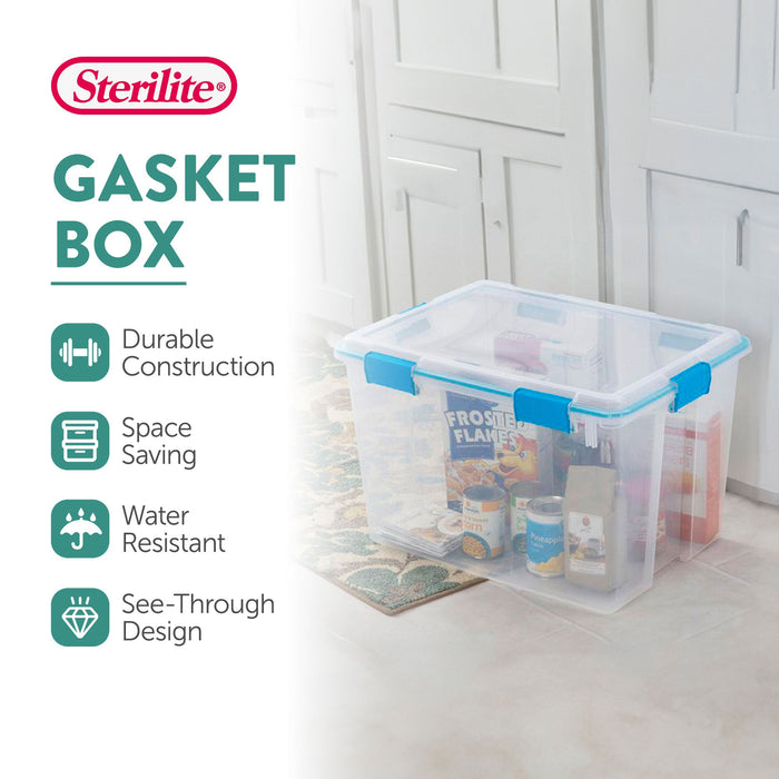 Sterilite 80 Quart Gasket Box, Stackable Storage Bin with Latching Lid, 4 Pack