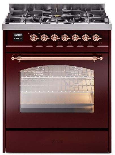 ILVE Nostalgie II 30" Dual Fuel Natural Gas Range in Burgundy with Copper Trim, UP30NMPBUP