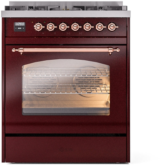 ILVE Nostalgie II 30" Dual Fuel Natural Gas Range in Burgundy with Copper Trim, UP30NMPBUP