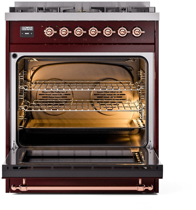 ILVE Nostalgie II 30" Dual Fuel Natural Gas Range in Burgundy with Copper Trim, UP30NMPBUP