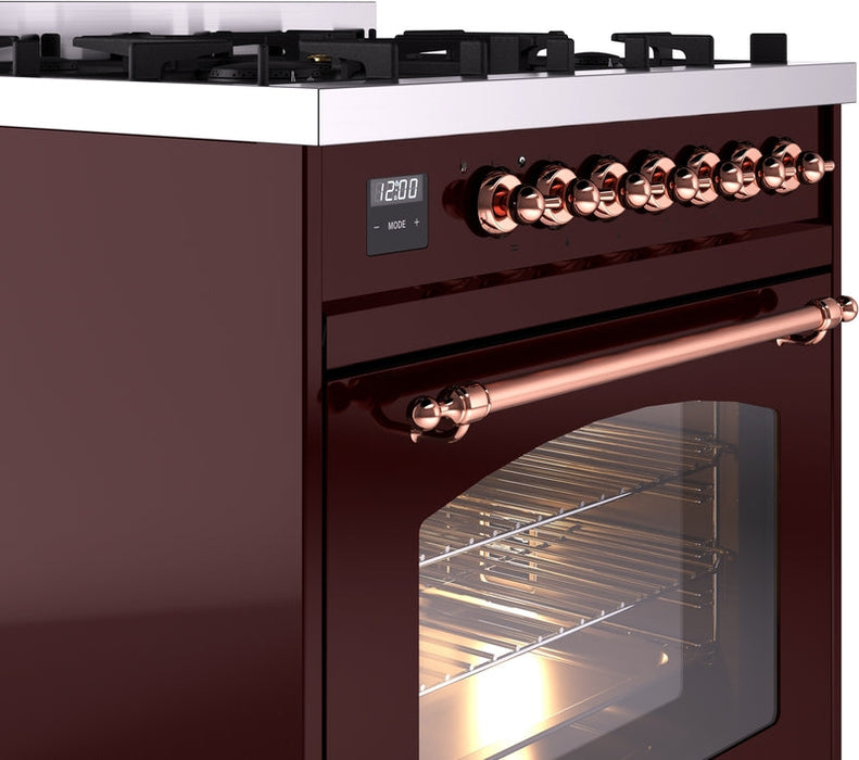 ILVE Nostalgie II 30" Dual Fuel Natural Gas Range in Burgundy with Copper Trim, UP30NMPBUP