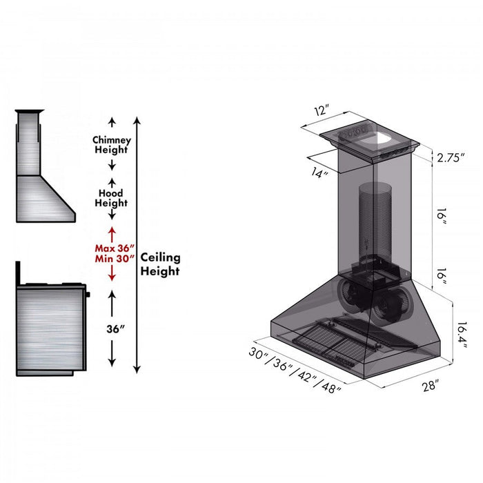 ZLINE 54 in. Stainless Steel Wall Range Hood with Built-in CrownSound® Bluetooth Speakers, 697CRN-BT-54