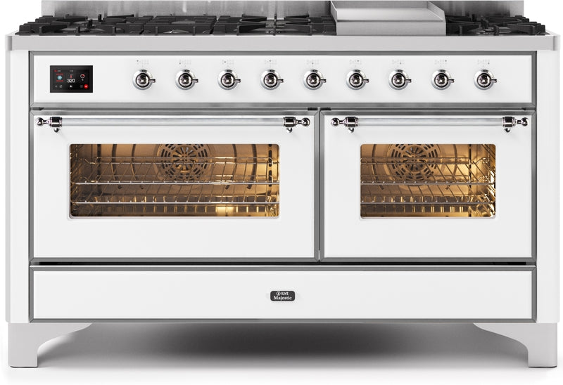 ILVE Majestic II 60" Dual Fuel Propane Gas Range in White with Chrome Trim, UM15FDNS3WHCLP