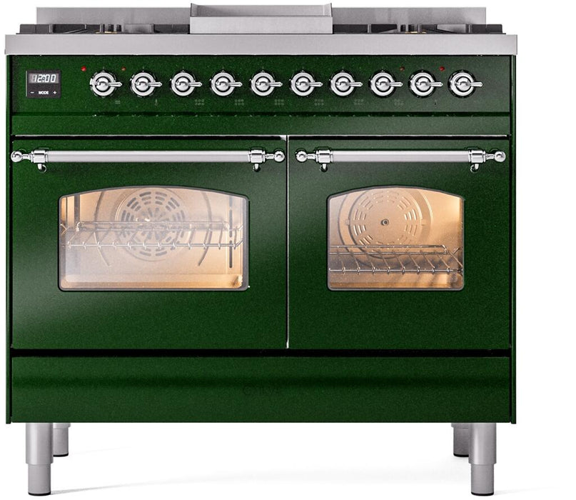 ILVE Nostalgie II 40" Dual Fuel Propane Gas Range in Emerald Green with Chrome Trim, UPD40FNMPEGCLP