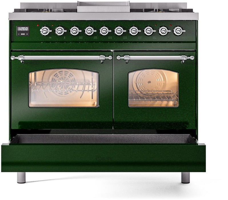 ILVE Nostalgie II 40" Dual Fuel Propane Gas Range in Emerald Green with Chrome Trim, UPD40FNMPEGCLP