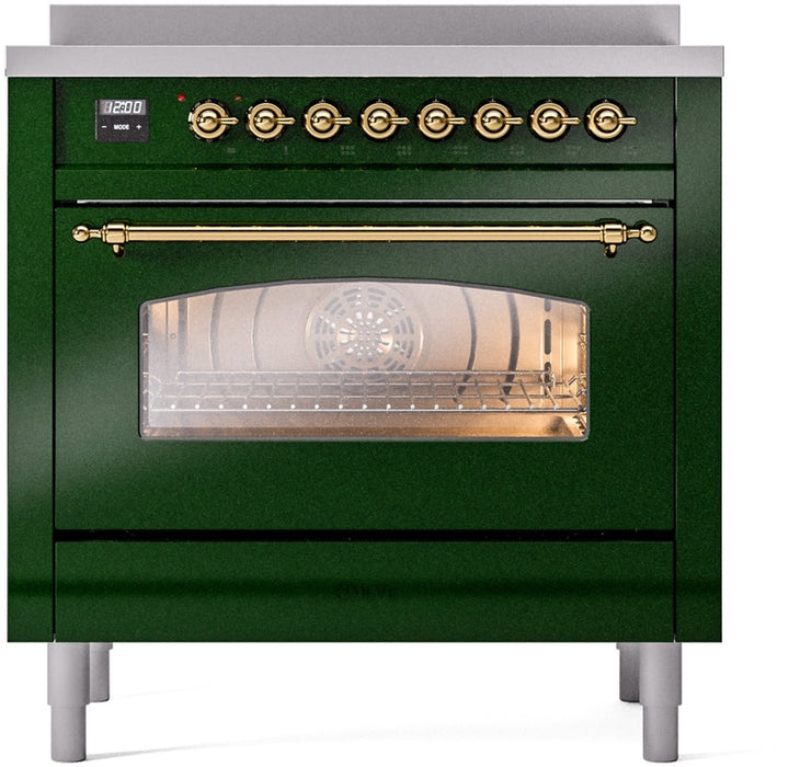 ILVE Nostalgie II 36" Induction Range with Element Stove and Electric Oven in Emerald Green with Brass Trim, UPI366NMPEGG