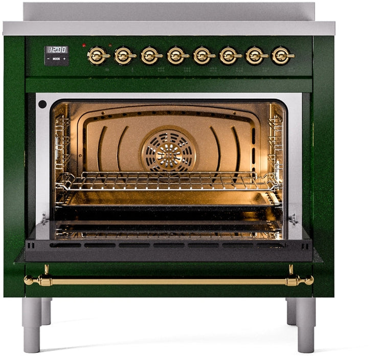 ILVE Nostalgie II 36" Induction Range with Element Stove and Electric Oven in Emerald Green with Brass Trim, UPI366NMPEGG