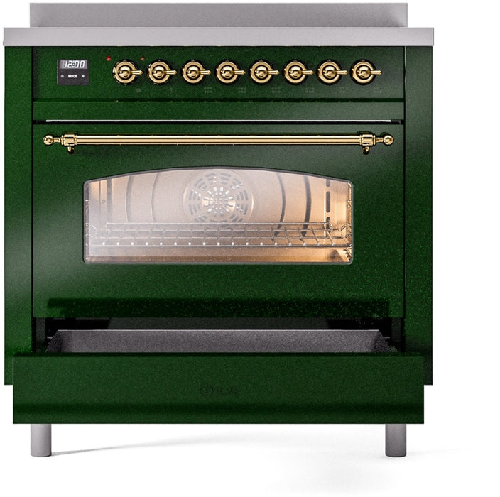 ILVE Nostalgie II 36" Induction Range with Element Stove and Electric Oven in Emerald Green with Brass Trim, UPI366NMPEGG