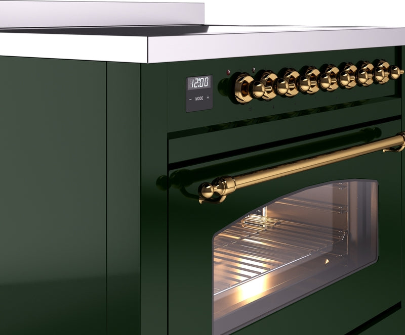 ILVE Nostalgie II 36" Induction Range with Element Stove and Electric Oven in Emerald Green with Brass Trim, UPI366NMPEGG