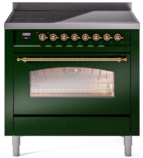 ILVE Nostalgie II 36" Induction Range with Element Stove and Electric Oven in Emerald Green with Brass Trim, UPI366NMPEGG