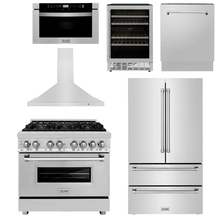 ZLINE Appliance Package - 36" Dual Fuel Range, Range Hood, Refrigerator, Microwave Drawer, Dishwasher and Wine Cooler, 6KPR-RARH36-MWDWV-RWV