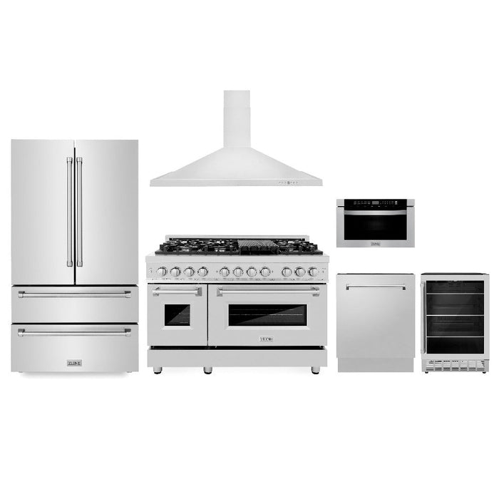 ZLINE Kitchen Package with Refrigeration, 48 in. Stainless Steel Dual Fuel Range, 48 in. Range Hood, Microwave Drawer, 24 in. Tall Tub Dishwasher and Beverage Fridge (6KPR-RARH48-MWDWV-RBV)