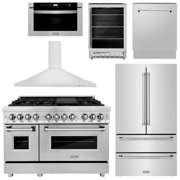 ZLINE Appliance Package - 48" Dual Fuel Range, Range Hood, Refrigerator, Microwave Drawer, Dishwasher and Beverage Fridge, 6KPR-RARH48-MWDWV-RBV