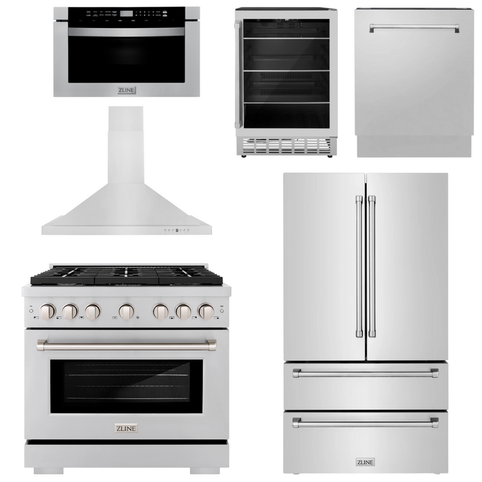 ZLINE Appliance Package - 36" Gas Range, Range Hood, Refrigerator, Microwave Drawer, Dishwasher and Beverage Fridge, 6KPR-SGRRH36-MWDWV-RBV