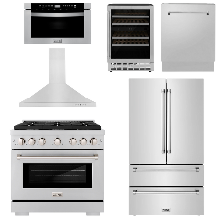 ZLINE Appliance Package - 36" Gas Range, Range Hood, Refrigerator, Microwave Drawer, Dishwasher and Wine Cooler, 6KPR-SGRRH36-MWDWV-RWV