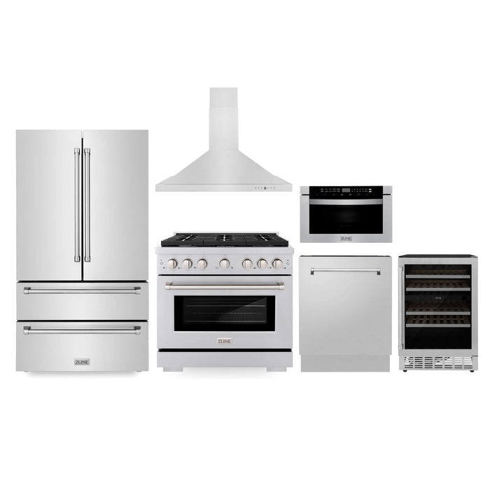 ZLINE Kitchen Package with Refrigeration, 36" Stainless Steel Gas Range, 36" Range Hood, Microwave Drawer, 24 in.  Tall Tub Dishwasher and Wine Cooler