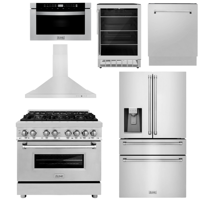 ZLINE Appliance Package - 36" Dual Fuel Range, Range Hood, Refrigerator with Water and Ice Dispenser, Microwave Drawer, Dishwasher and Beverage Fridge