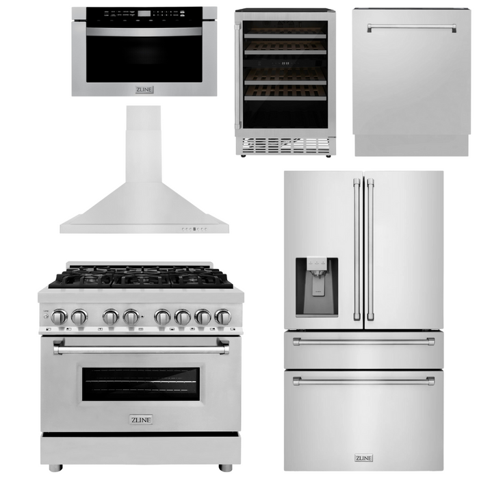 ZLINE Appliance Package - 36" Dual Fuel Range, Range Hood, Refrigerator with Water and Ice Dispenser, Microwave Drawer, Dishwasher and Wine Cooler