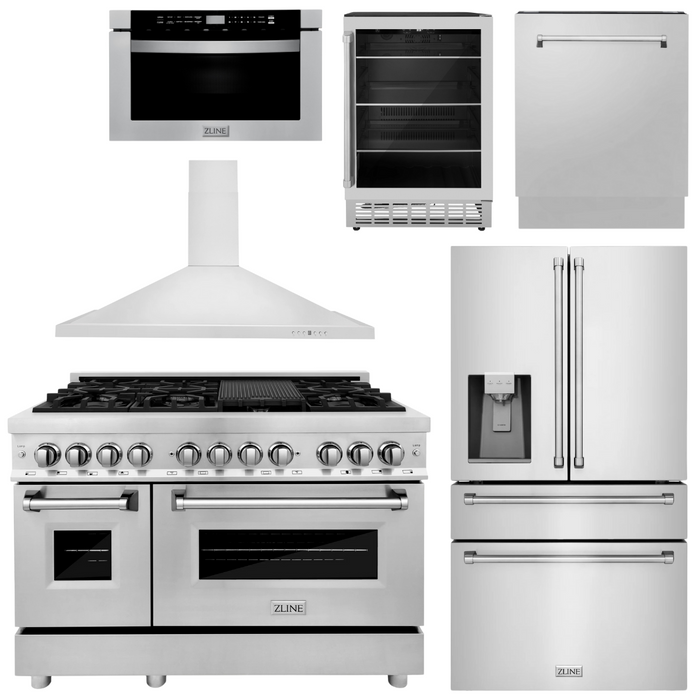 ZLINE Appliance Package - 48" Dual Fuel Range, Range Hood, Refrigerator with Water and Ice Dispenser, Microwave Drawer, Dishwasher and Beverage Fridge